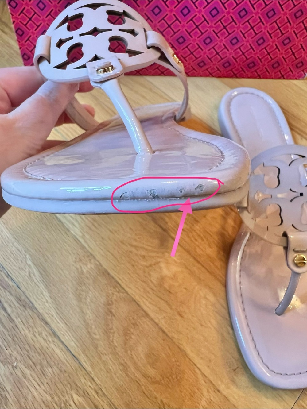 **SOLD** Tory Burch Sea Shell Pink Patent Leather Miller Sandals - Picture 6 of 10